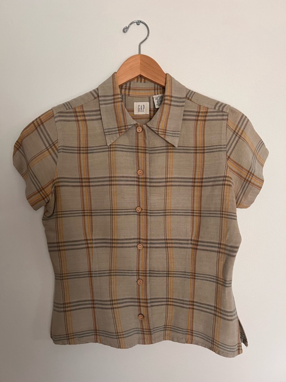 GAP Short Sleeve Plaid Button-Up — Beige, Mustard & Gray